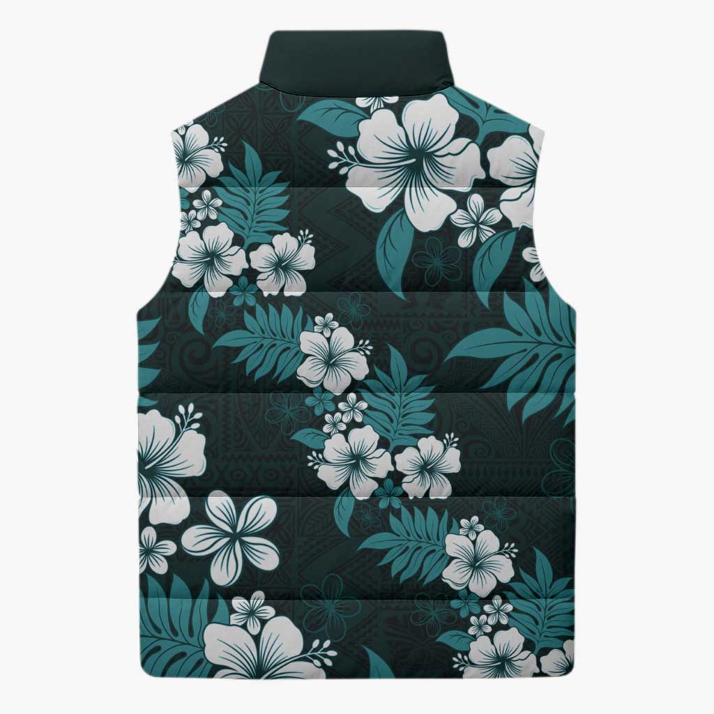Hawaiian Hibiscus Tribal Floral Teal Sleeveless Puffer Jacket Polynesian Tapa Pattern LT01 - Polynesian Pride
