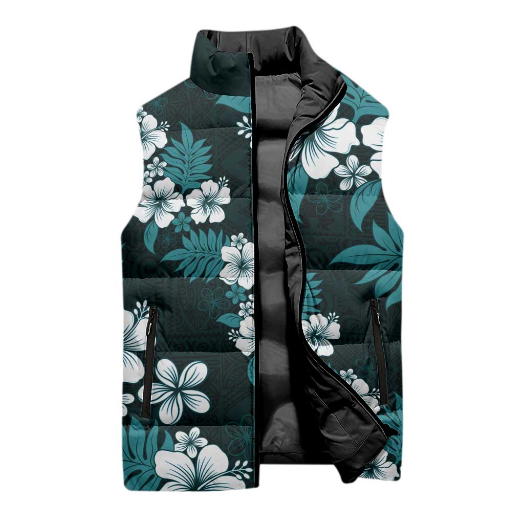 Hawaiian Hibiscus Tribal Floral Teal Sleeveless Puffer Jacket Polynesian Tapa Pattern LT01 - Polynesian Pride