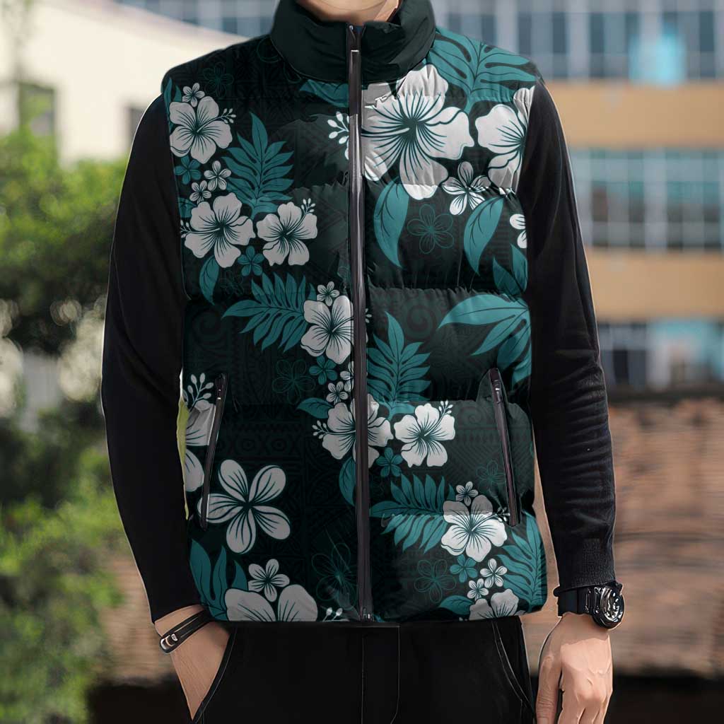 Hawaiian Hibiscus Tribal Floral Teal Sleeveless Puffer Jacket Polynesian Tapa Pattern LT01 - Polynesian Pride