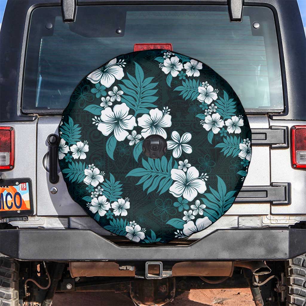 Hawaiian Hibiscus Tribal Floral Teal Spare Tire Cover Polynesian Tapa Pattern - Polynesian Pride