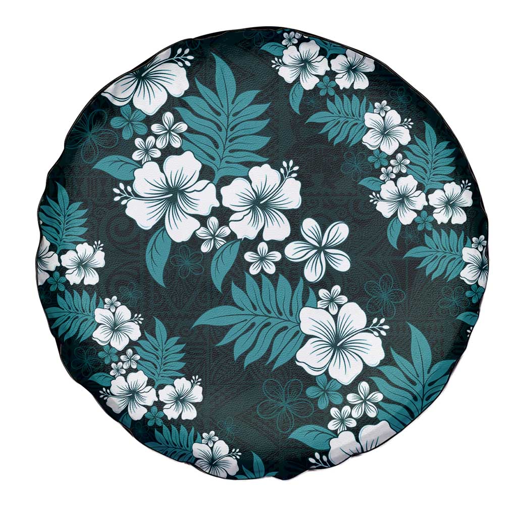 Hawaiian Hibiscus Tribal Floral Teal Spare Tire Cover Polynesian Tapa Pattern - Polynesian Pride