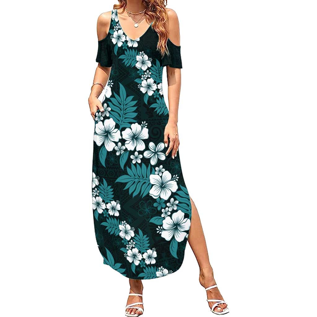 Hawaiian Hibiscus Tribal Floral Teal Summer Maxi Dress Polynesian Tapa Pattern - Polynesian Pride