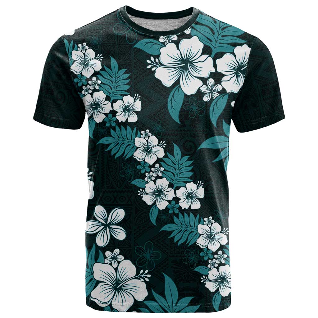 Hawaiian Hibiscus Tribal Floral Teal T Shirt Polynesian Tapa Pattern - Polynesian Pride