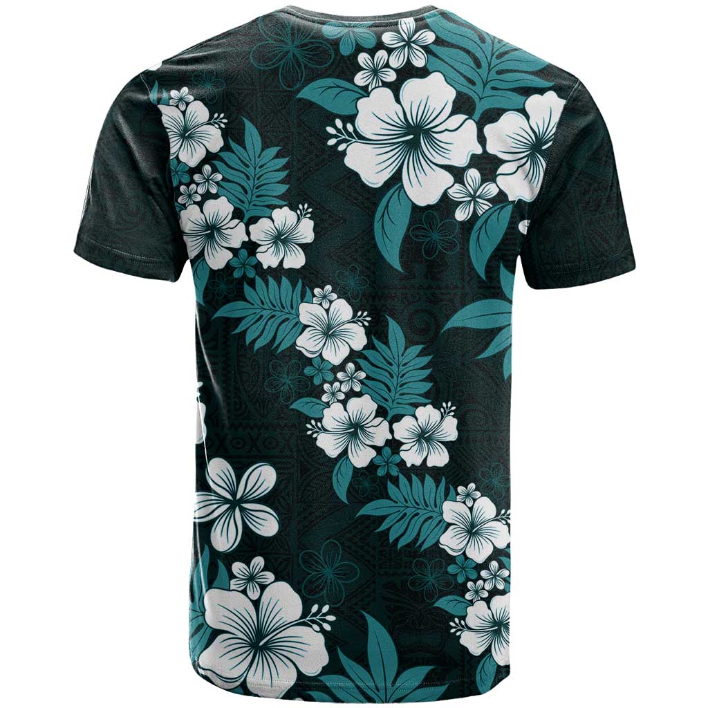 Hawaiian Hibiscus Tribal Floral Teal T Shirt Polynesian Tapa Pattern - Polynesian Pride