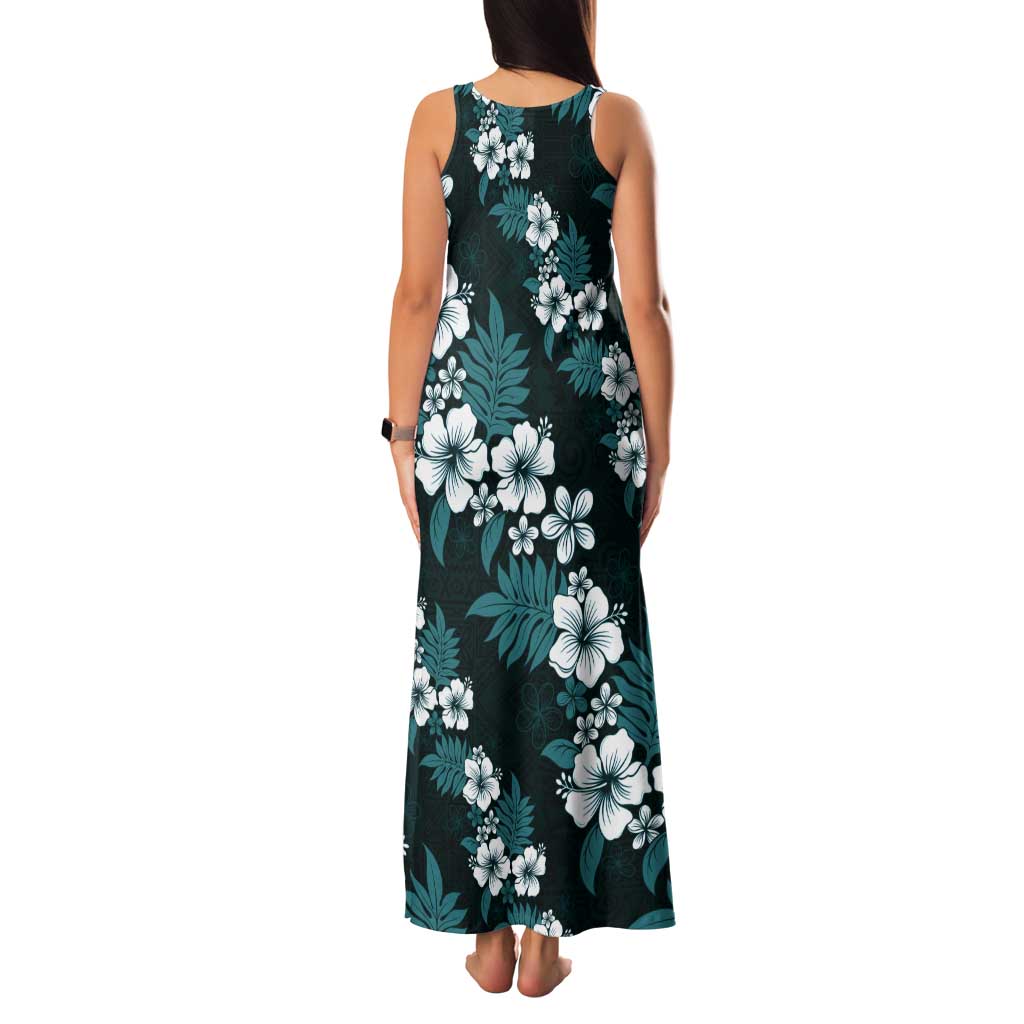 Hawaiian Hibiscus Tribal Floral Teal Tank Maxi Dress Polynesian Tapa Pattern - Polynesian Pride