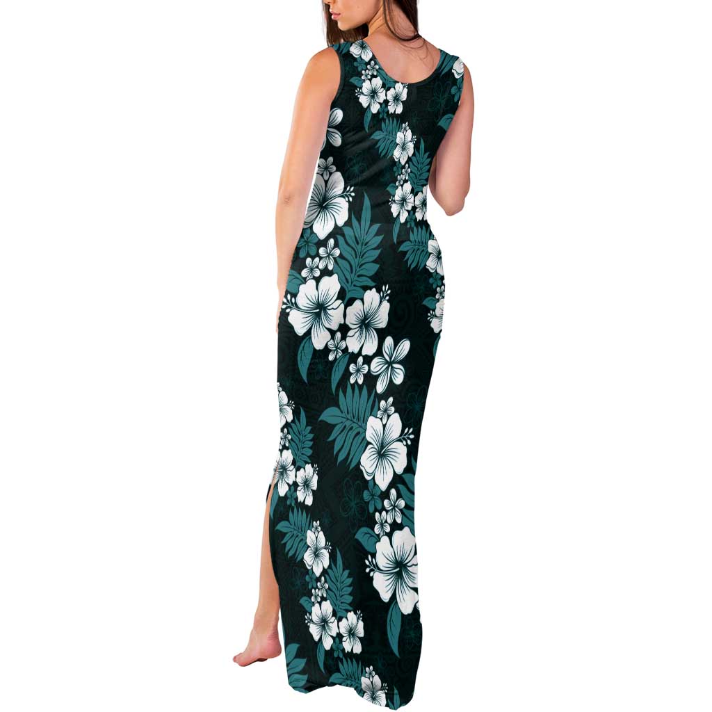 Hawaiian Hibiscus Tribal Floral Teal Tank Maxi Dress Polynesian Tapa Pattern - Polynesian Pride