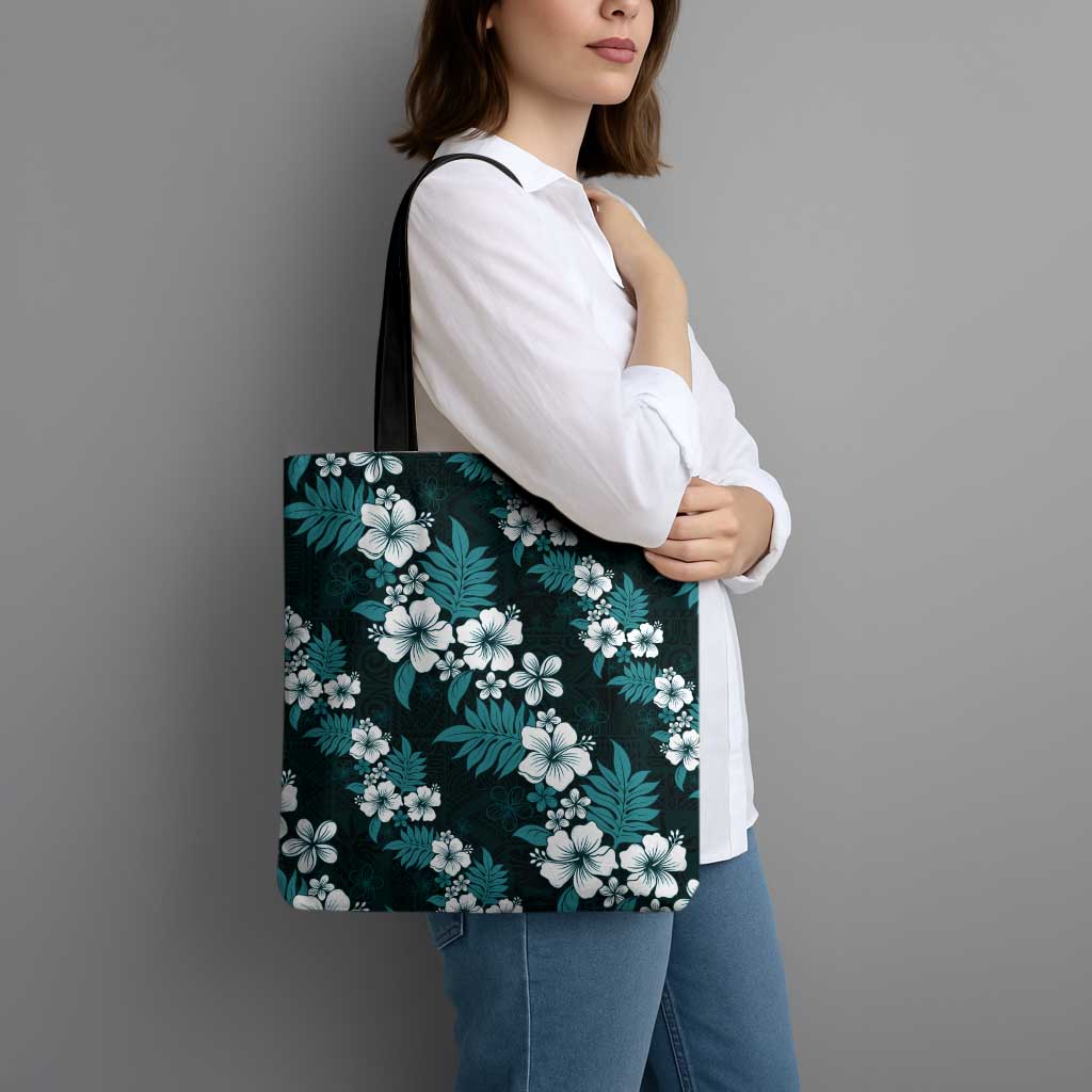 Hawaiian Hibiscus Tribal Floral Teal Tote Bag Polynesian Tapa Pattern - Polynesian Pride