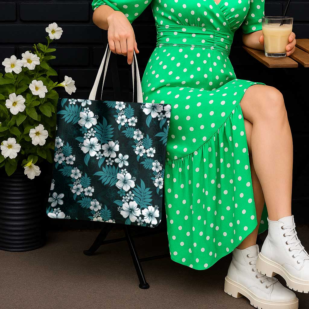 Hawaiian Hibiscus Tribal Floral Teal Tote Bag Polynesian Tapa Pattern - Polynesian Pride