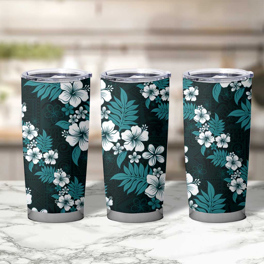 Hawaiian Hibiscus Tribal Floral Teal Tumbler Cup Polynesian Tapa Pattern - Polynesian Pride