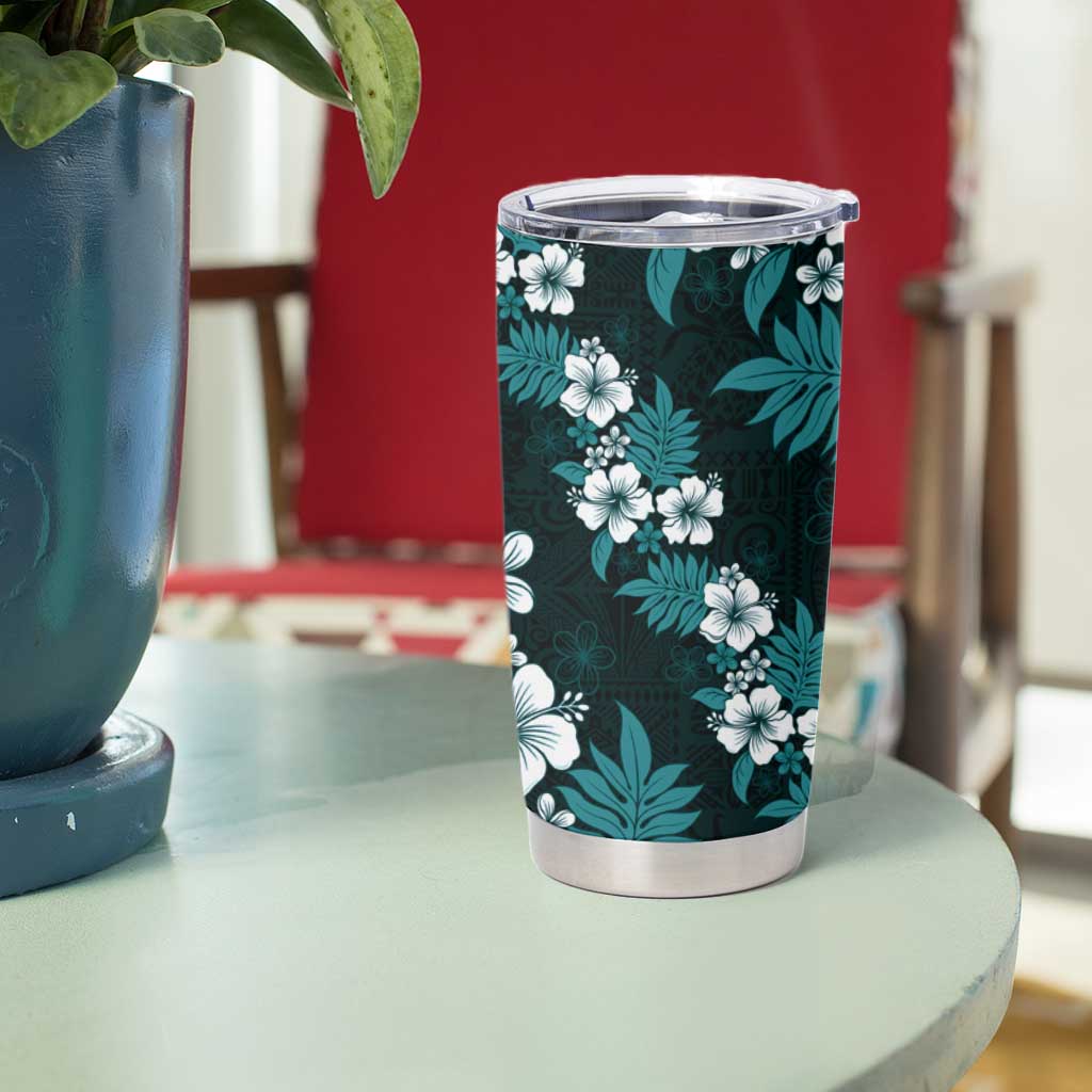 Hawaiian Hibiscus Tribal Floral Teal Tumbler Cup Polynesian Tapa Pattern - Polynesian Pride
