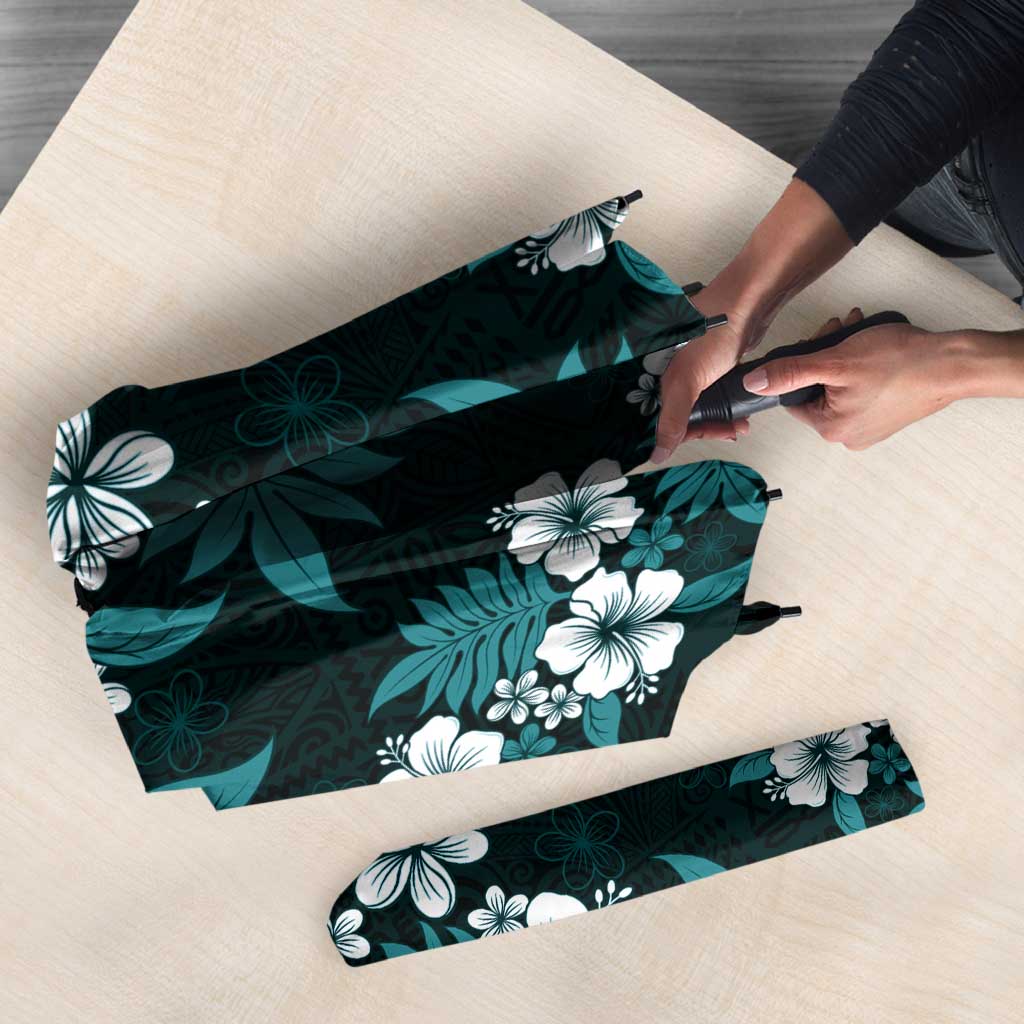 Hawaiian Hibiscus Tribal Floral Teal Umbrella Polynesian Tapa Pattern - Polynesian Pride