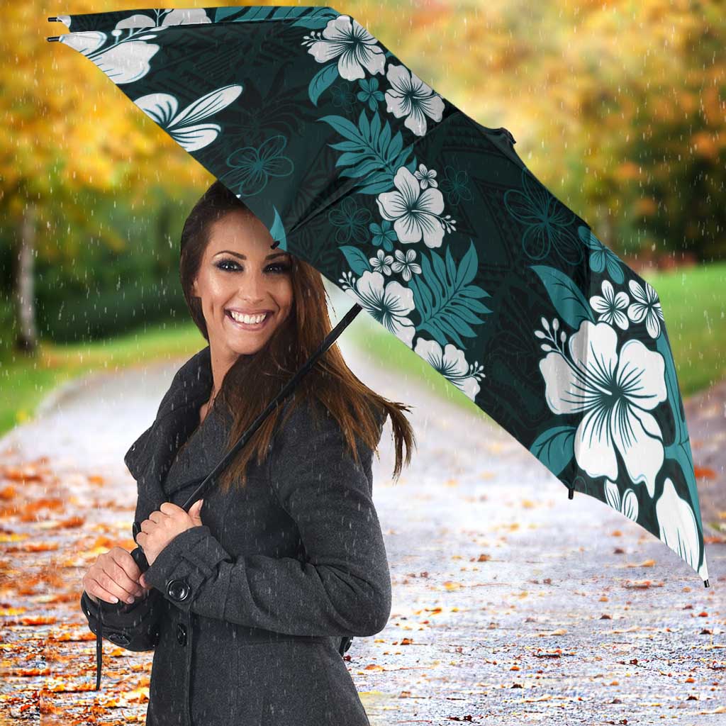 Hawaiian Hibiscus Tribal Floral Teal Umbrella Polynesian Tapa Pattern - Polynesian Pride