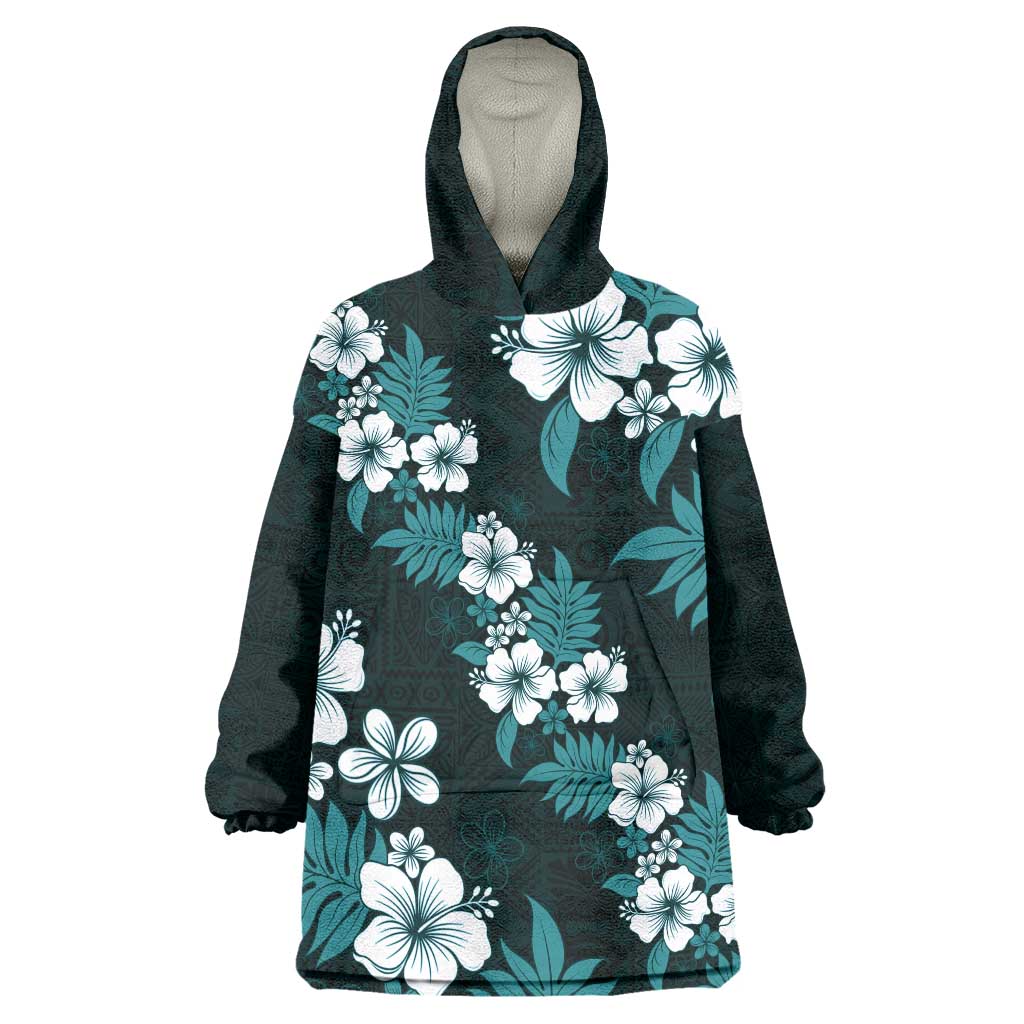 Hawaiian Hibiscus Tribal Floral Teal Wearable Blanket Hoodie Polynesian Tapa Pattern - Polynesian Pride