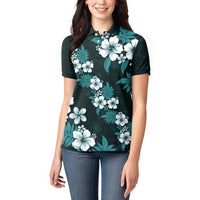 Hawaiian Hibiscus Tribal Floral Teal Women Polo Shirt Polynesian Tapa Pattern - Polynesian Pride