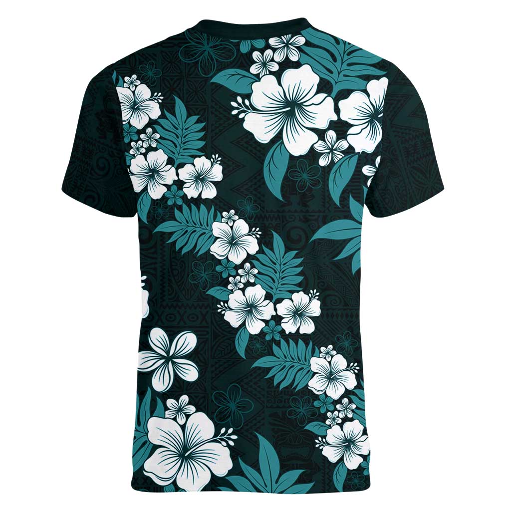 Hawaiian Hibiscus Tribal Floral Teal Women V-Neck T-Shirt Polynesian Tapa Pattern - Polynesian Pride