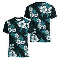 Hawaiian Hibiscus Tribal Floral Teal Women V-Neck T-Shirt Polynesian Tapa Pattern - Polynesian Pride