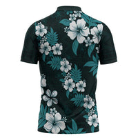 Hawaiian Hibiscus Tribal Floral Teal Zipper Polo Shirt Polynesian Tapa Pattern - Polynesian Pride