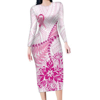 Personalised New Zealand Pink Fern Breast Cancer Family Matching Long Sleeve Bodycon Dress and Hawaiian Shirt Polynesian Pattern