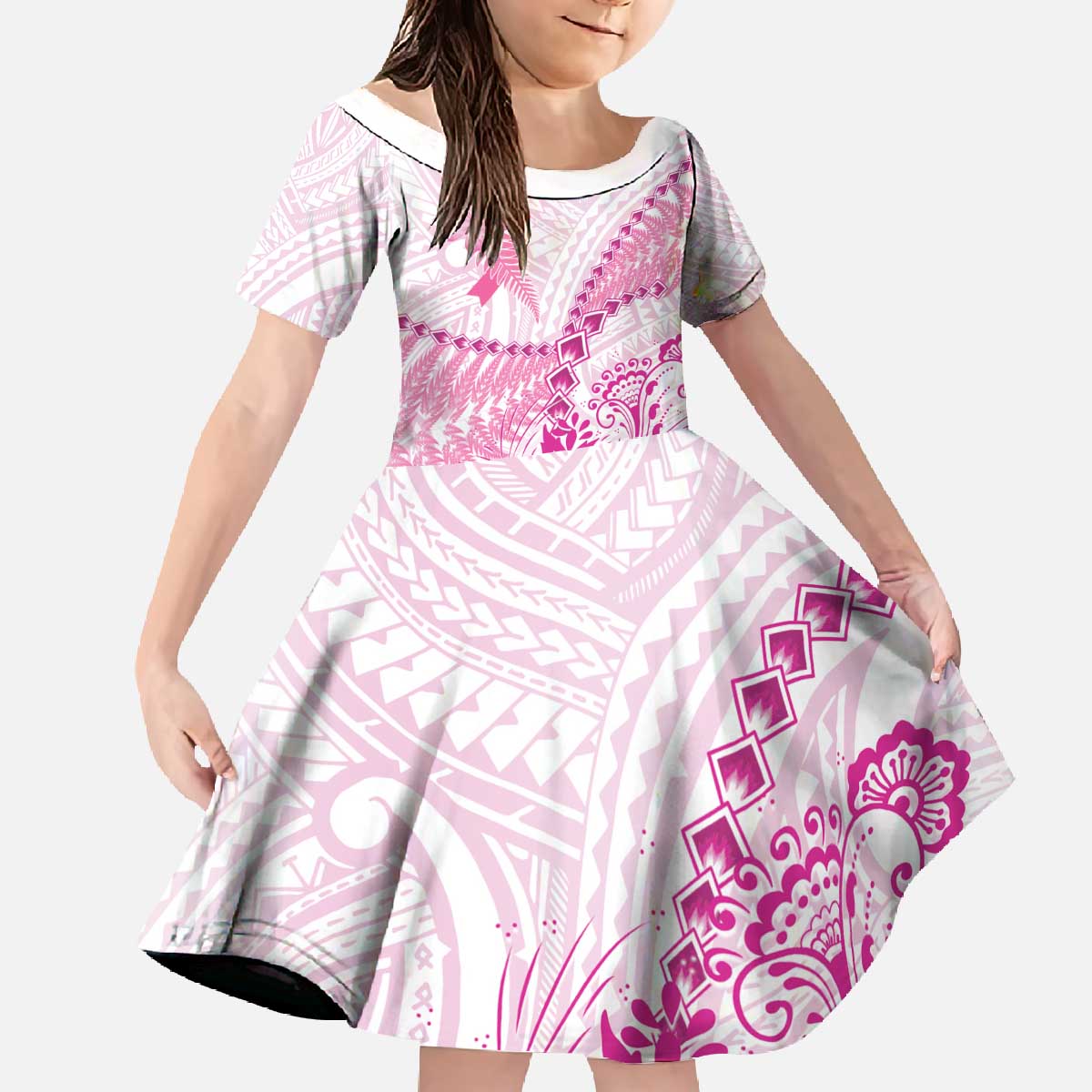 Personalised New Zealand Pink Fern Breast Cancer Family Matching Off The Shoulder Long Sleeve Dress and Hawaiian Shirt Polynesian Pattern LT01 Daughter's Dress Pink - Polynesian Pride