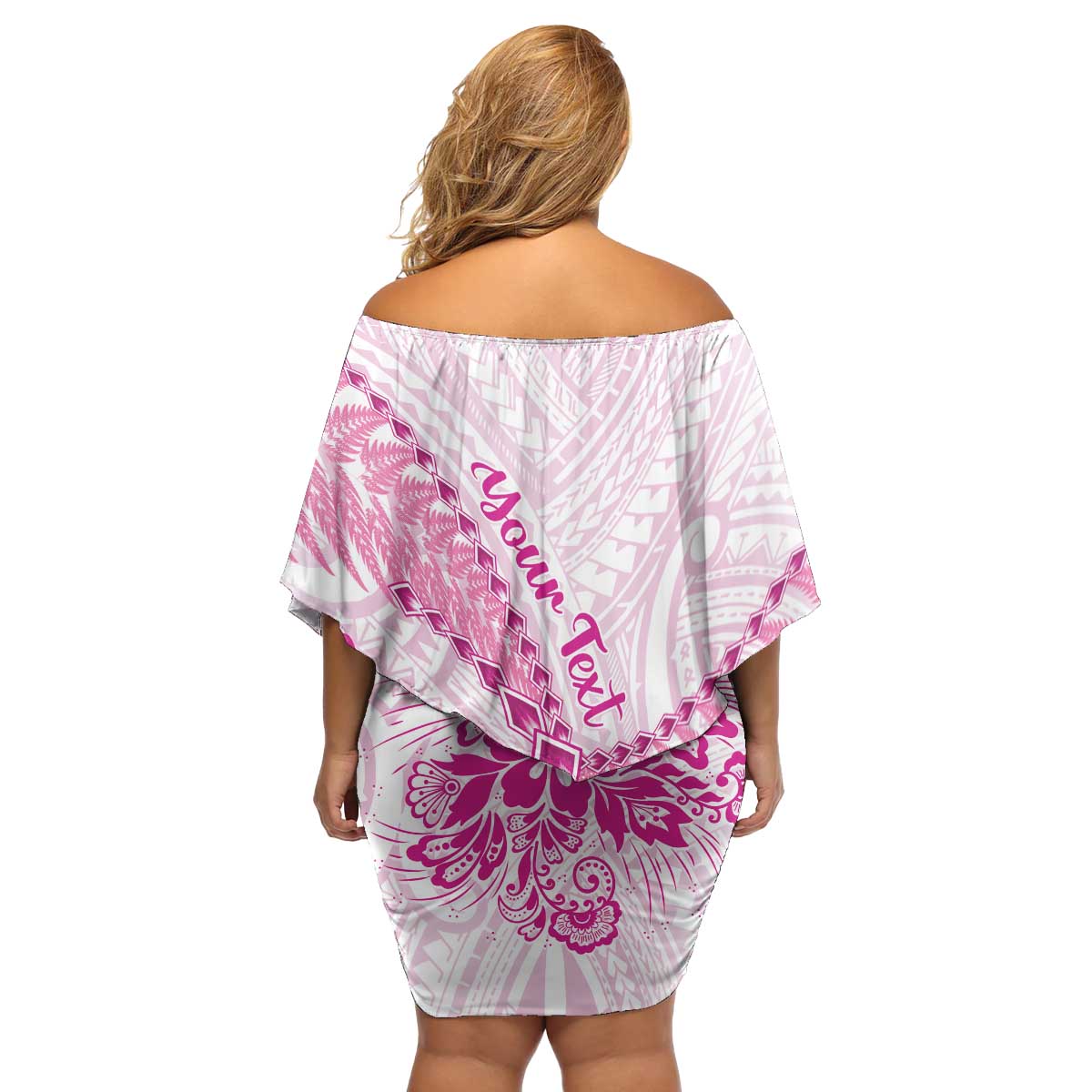 Personalised New Zealand Pink Fern Breast Cancer Family Matching Off Shoulder Short Dress and Hawaiian Shirt Polynesian Pattern