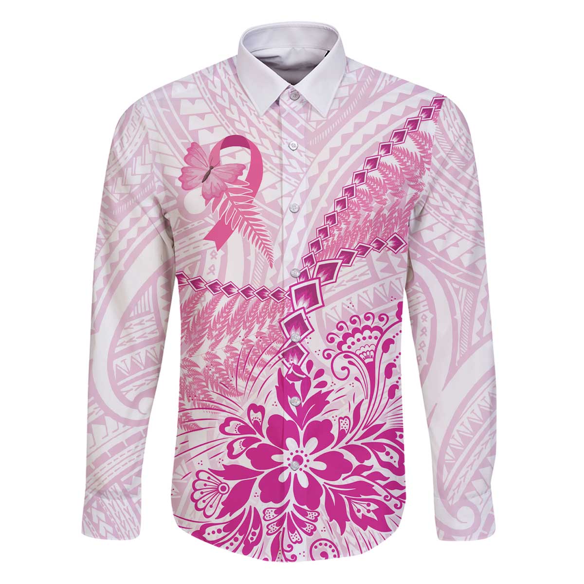 Personalised New Zealand Pink Fern Breast Cancer Family Matching Puletasi and Hawaiian Shirt Polynesian Pattern