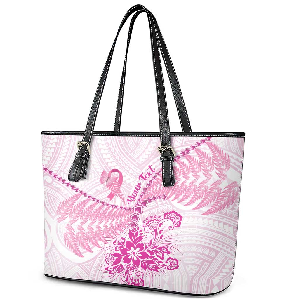 Personalised New Zealand Pink Fern Breast Cancer Leather Tote Bag Polynesian Pattern