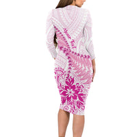Personalised New Zealand Pink Fern Breast Cancer Long Sleeve Bodycon Dress Polynesian Pattern