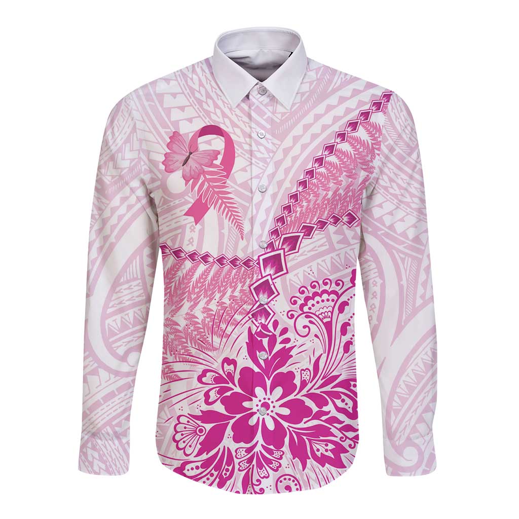 Personalised New Zealand Pink Fern Breast Cancer Long Sleeve Button Shirt Polynesian Pattern LT01 Unisex Pink - Polynesian Pride