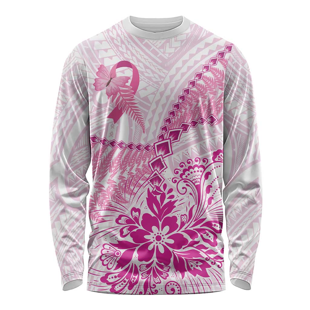 Personalised New Zealand Pink Fern Breast Cancer Long Sleeve Shirt Polynesian Pattern LT01 Unisex Pink - Polynesian Pride