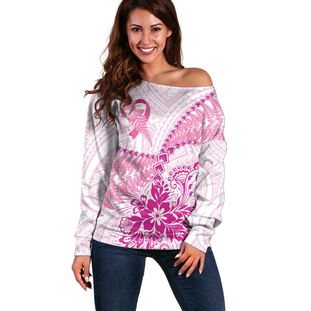 Personalised New Zealand Pink Fern Breast Cancer Off Shoulder Sweater Polynesian Pattern LT01 Women Pink - Polynesian Pride