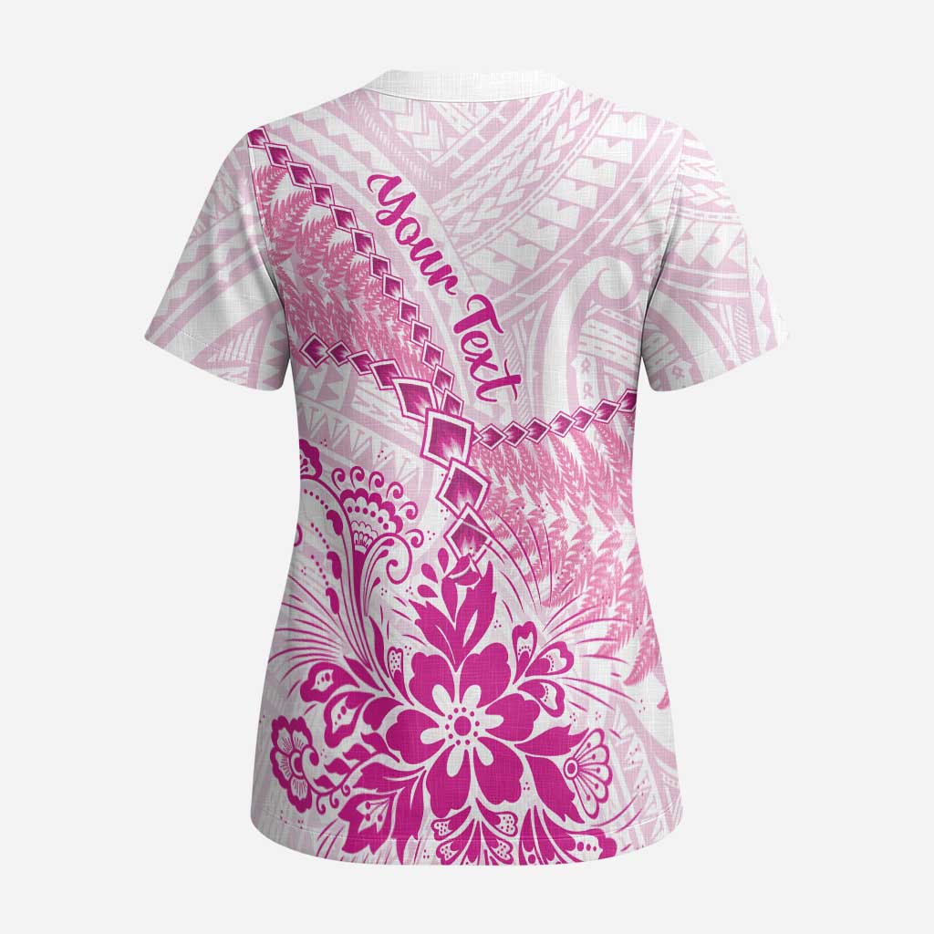 Personalised New Zealand Pink Fern Breast Cancer Scrub Top Polynesian Pattern - Polynesian Pride