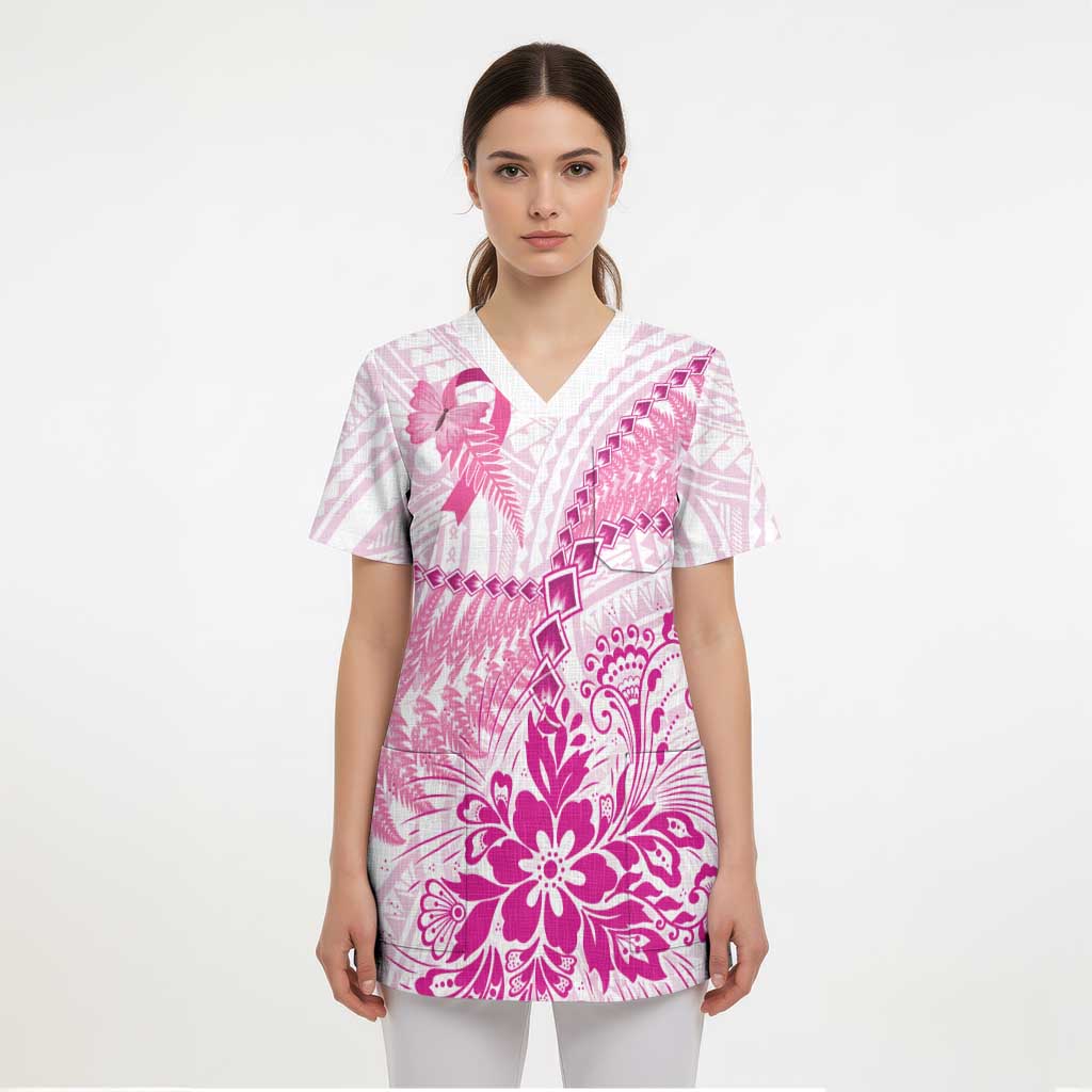 Personalised New Zealand Pink Fern Breast Cancer Scrub Top Polynesian Pattern - Polynesian Pride