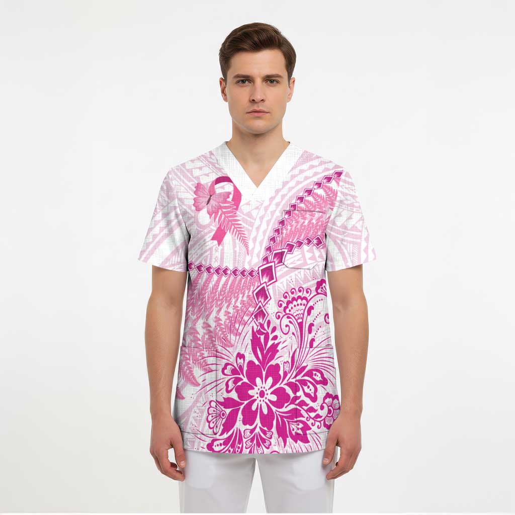 Personalised New Zealand Pink Fern Breast Cancer Scrub Top Polynesian Pattern - Polynesian Pride