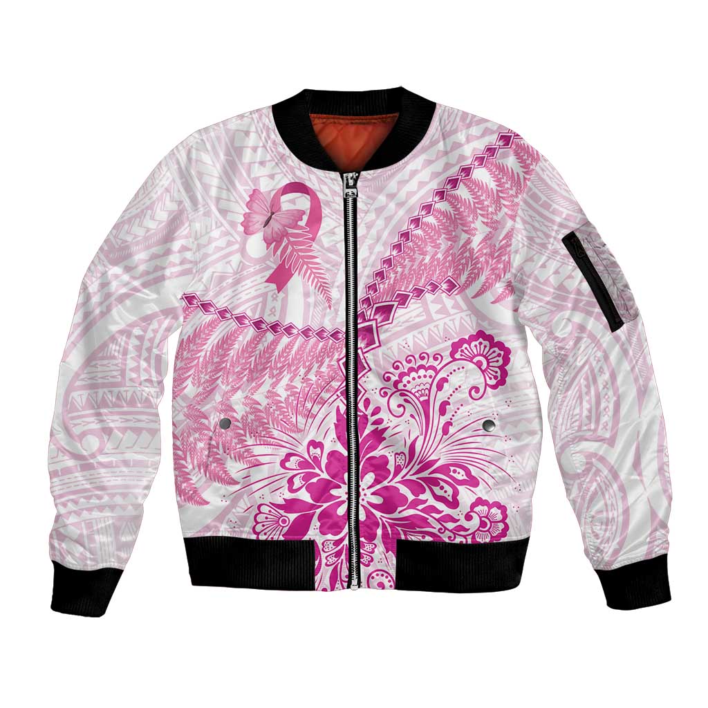 Personalised New Zealand Pink Fern Breast Cancer Sleeve Zip Bomber Jacket Polynesian Pattern LT01 Unisex Pink - Polynesian Pride