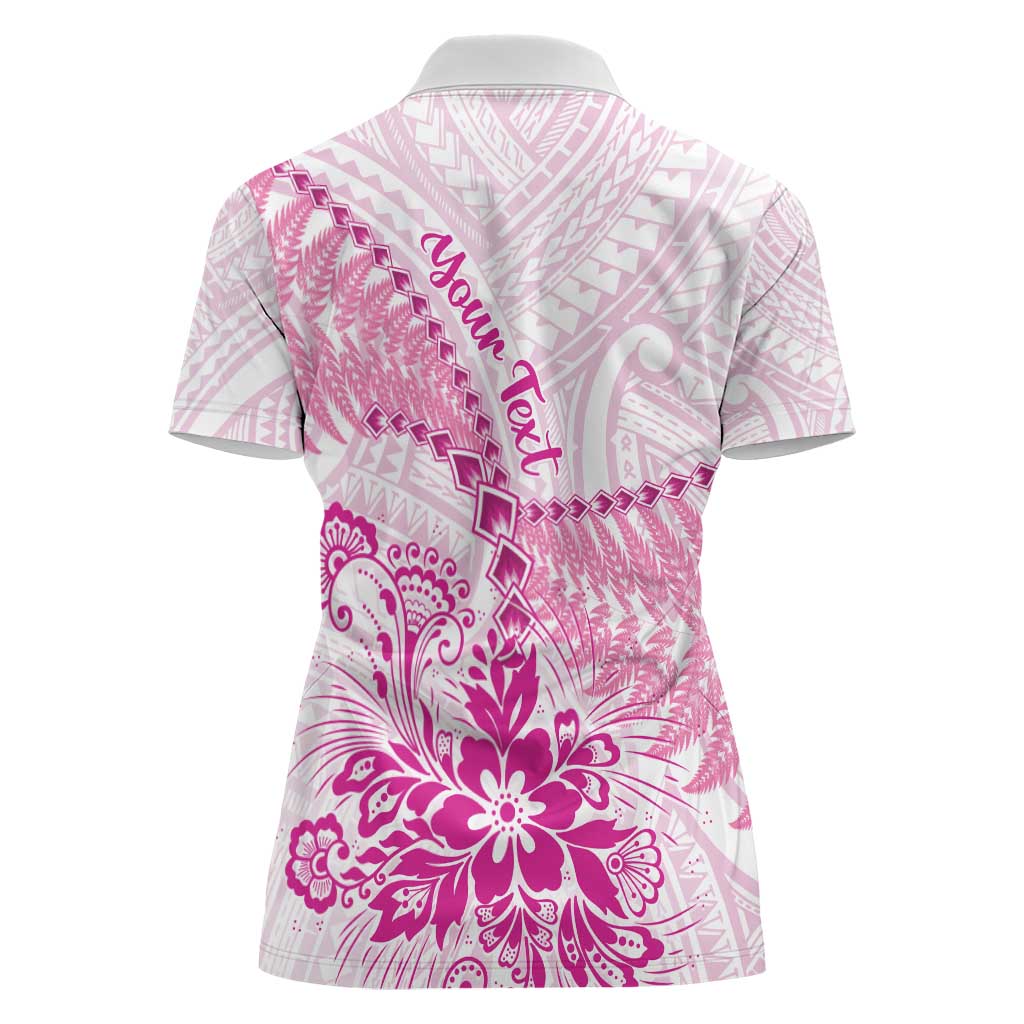 Personalised New Zealand Pink Fern Breast Cancer Women Polo Shirt Polynesian Pattern