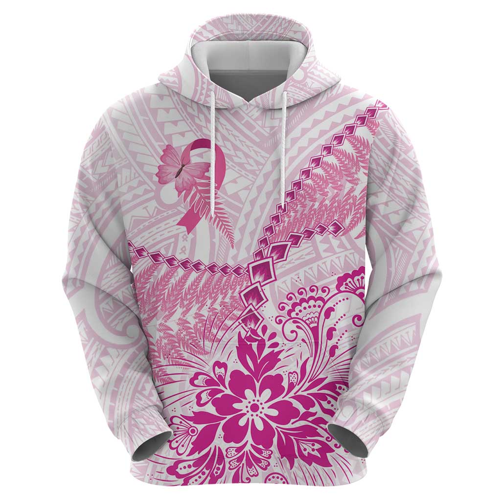 Personalised New Zealand Pink Fern Breast Cancer Zip Hoodie Polynesian Pattern