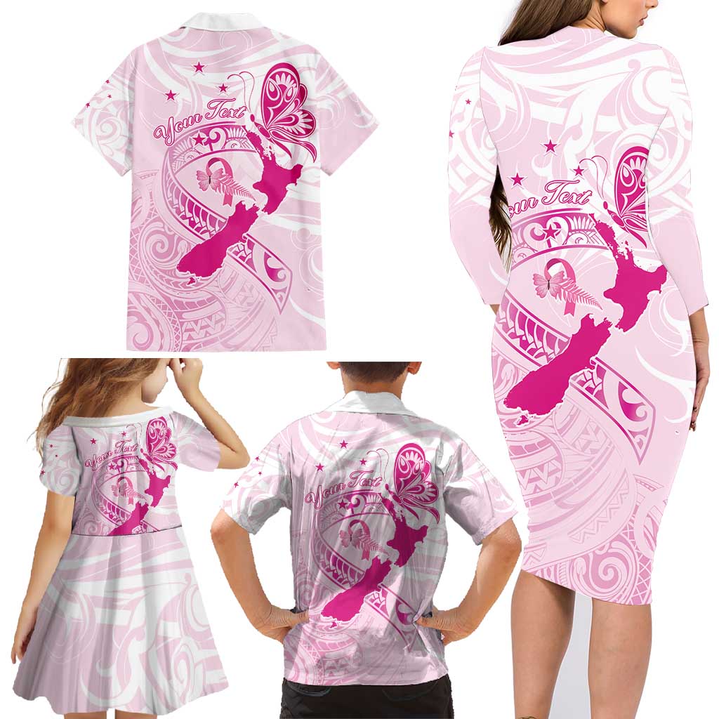Personalised Aotearoa Breast Cancer Family Matching Long Sleeve Bodycon Dress and Hawaiian Shirt New Zealand Maori Pattern
