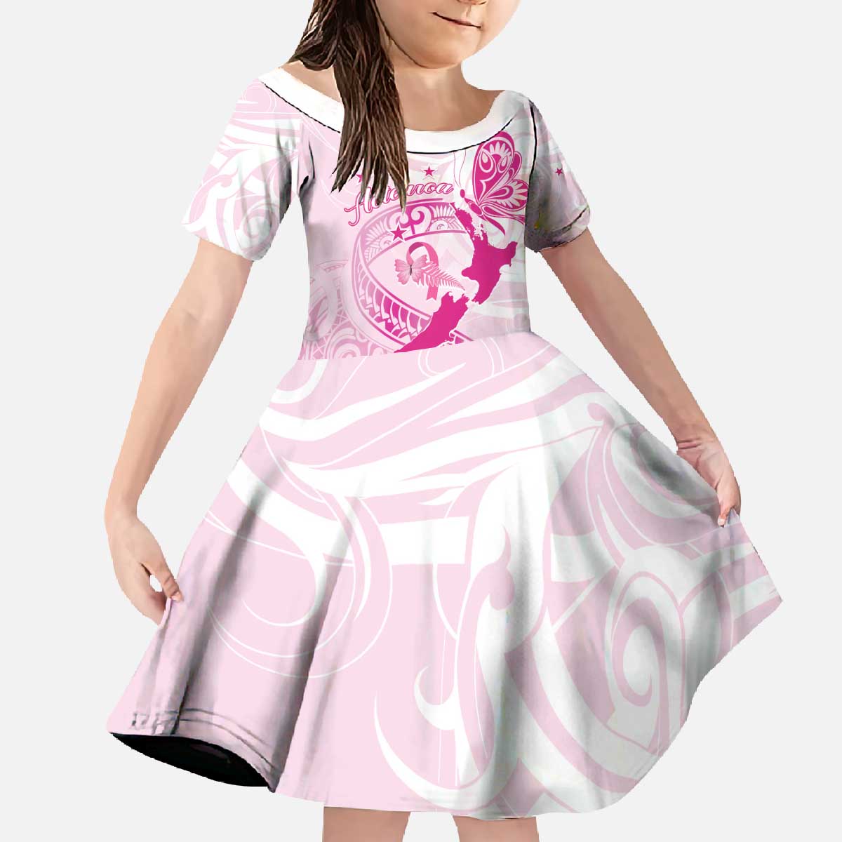 Personalised Aotearoa Breast Cancer Family Matching Off The Shoulder Long Sleeve Dress and Hawaiian Shirt New Zealand Maori Pattern LT01 Daughter's Dress Pink - Polynesian Pride