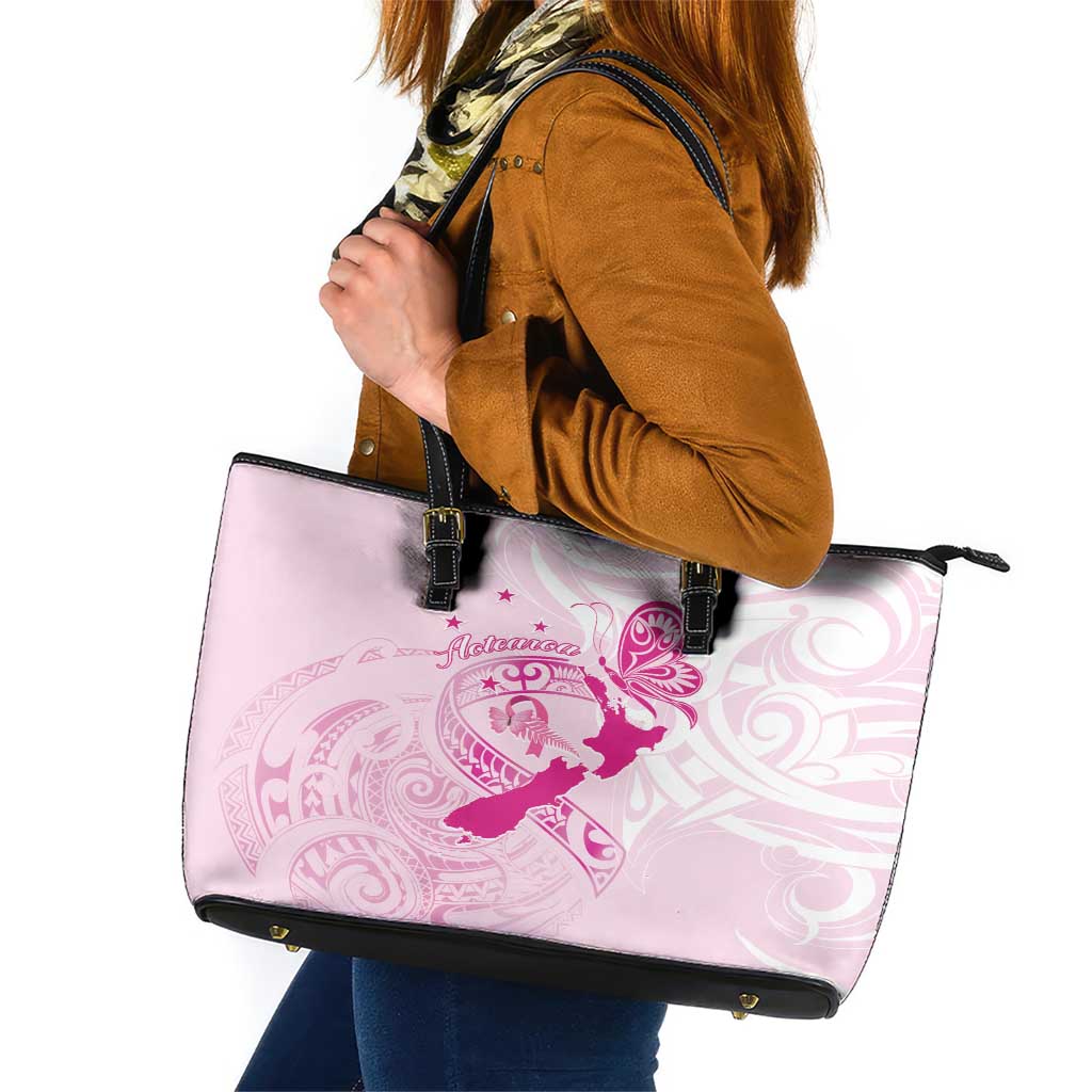 Personalised Aotearoa Breast Cancer Leather Tote Bag New Zealand Maori Pattern LT01 Pink - Polynesian Pride