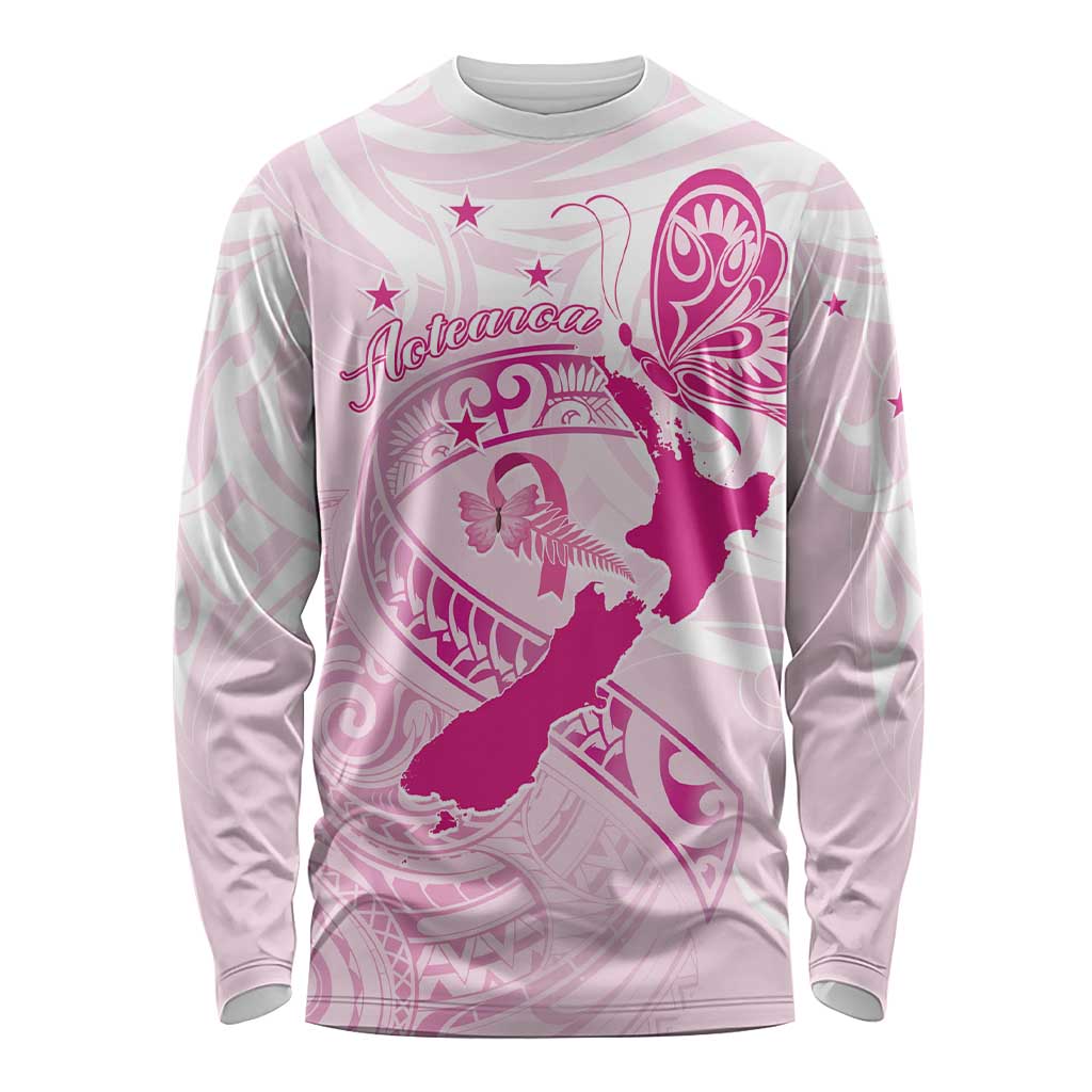 Personalised Aotearoa Breast Cancer Long Sleeve Shirt New Zealand Maori Pattern LT01 Unisex Pink - Polynesian Pride