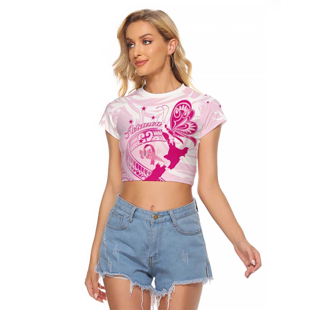 Personalised Aotearoa Breast Cancer Raglan Cropped T Shirt New Zealand Maori Pattern LT01 Female Pink - Polynesian Pride