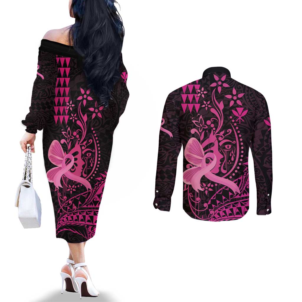 Hawaii Breast Cancer Couples Matching Off The Shoulder Long Sleeve Dress and Long Sleeve Button Shirt Girl Floral Kakau Pattern