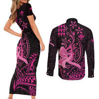 Hawaii Breast Cancer Couples Matching Short Sleeve Bodycon Dress and Long Sleeve Button Shirt Girl Floral Kakau Pattern