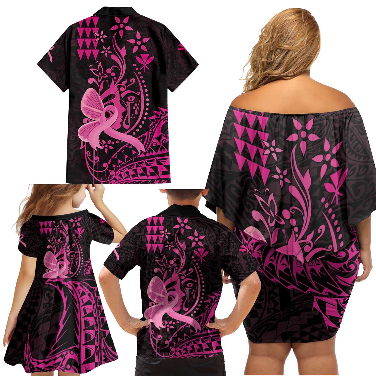 Hawaii Breast Cancer Family Matching Off Shoulder Short Dress and Hawaiian Shirt Girl Floral Kakau Pattern