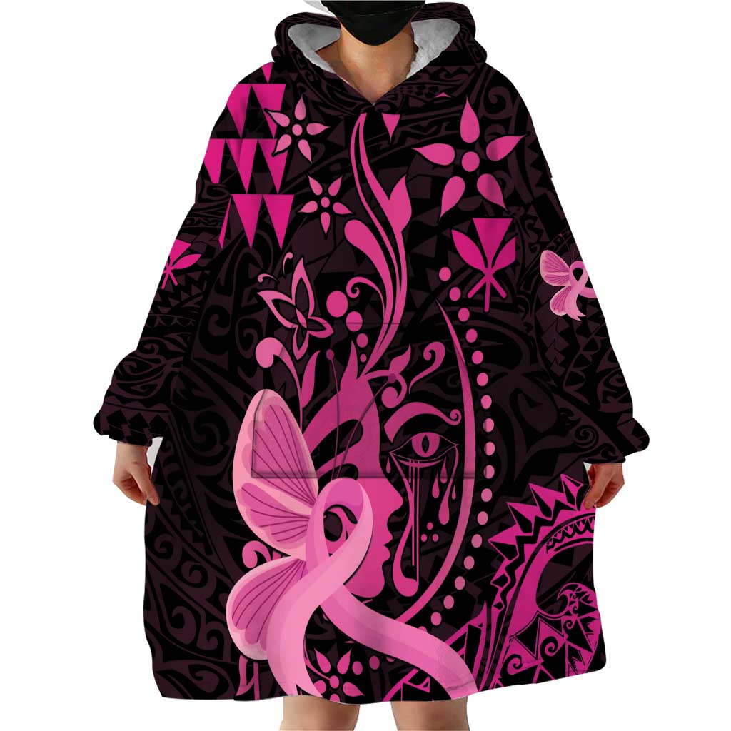 Hawaii Breast Cancer Wearable Blanket Hoodie Girl Floral Kakau Pattern LT01 - Polynesian Pride