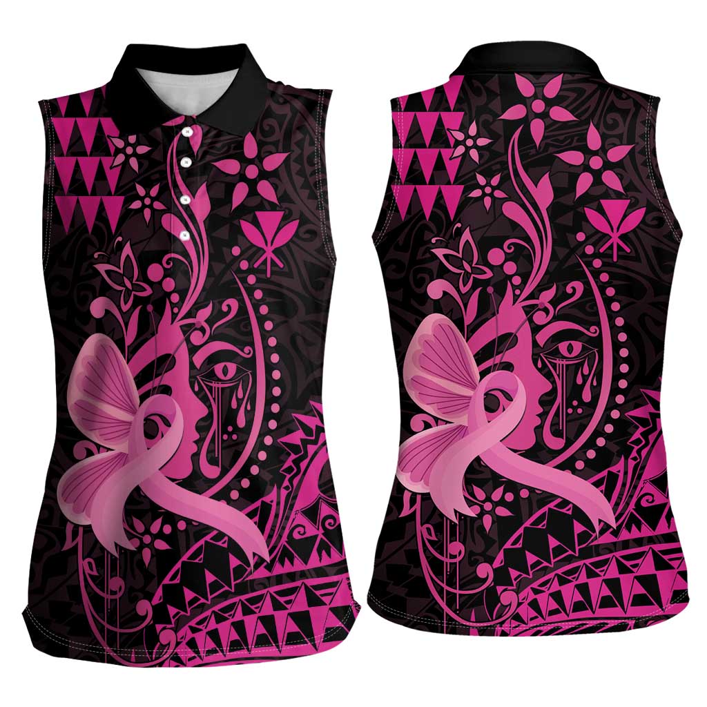 Hawaii Breast Cancer Women Sleeveless Polo Shirt Girl Floral Kakau Pattern