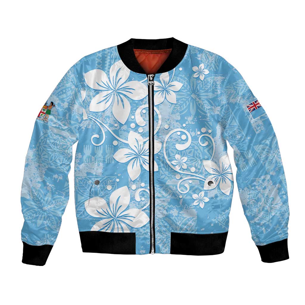Fiji Tapa Pattern Bomber Jacket Plumeria Floral LT01 Unisex Blue - Polynesian Pride