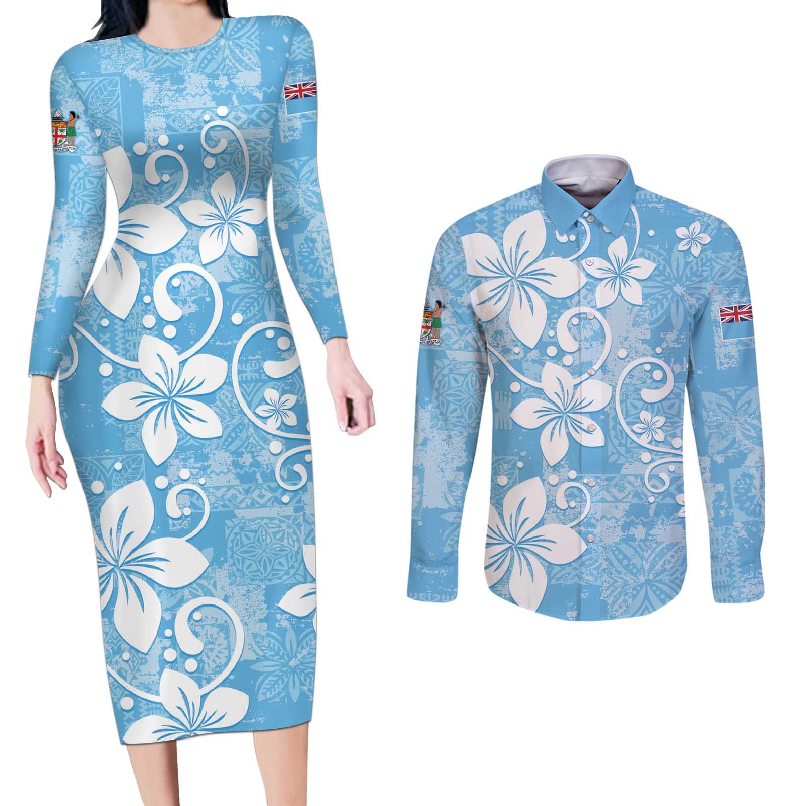 Fiji Tapa Pattern Couples Matching Long Sleeve Bodycon Dress and Long Sleeve Button Shirt Plumeria Floral LT01 Blue - Polynesian Pride