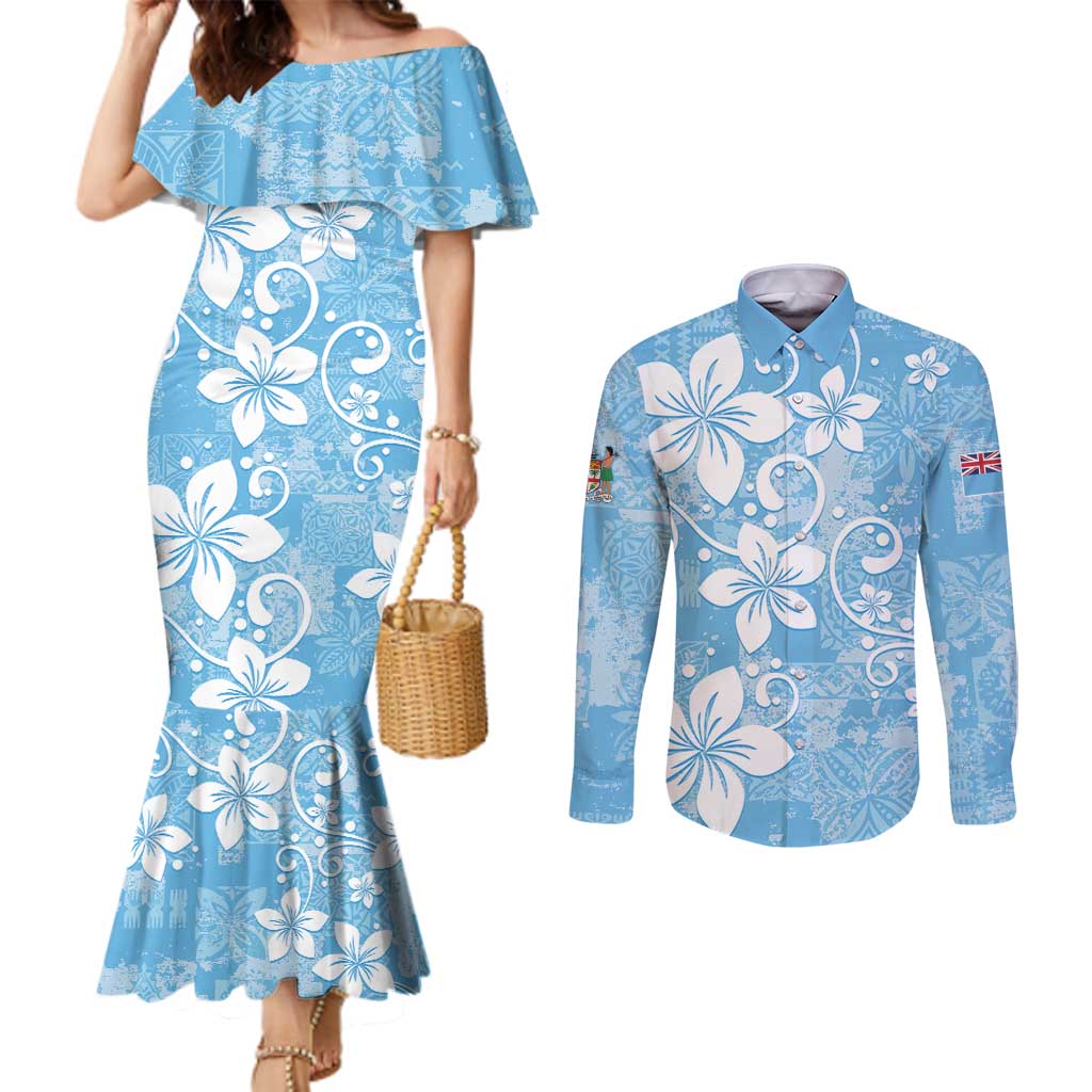 Fiji Tapa Pattern Couples Matching Mermaid Dress and Long Sleeve Button Shirt Plumeria Floral LT01 Blue - Polynesian Pride