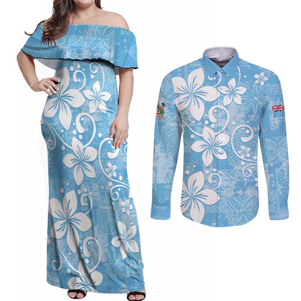 Fiji Tapa Pattern Couples Matching Off Shoulder Maxi Dress and Long Sleeve Button Shirt Plumeria Floral LT01 Blue - Polynesian Pride